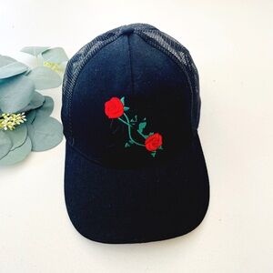 riot society Black Trucker Hat with Red Rose Embroidery
